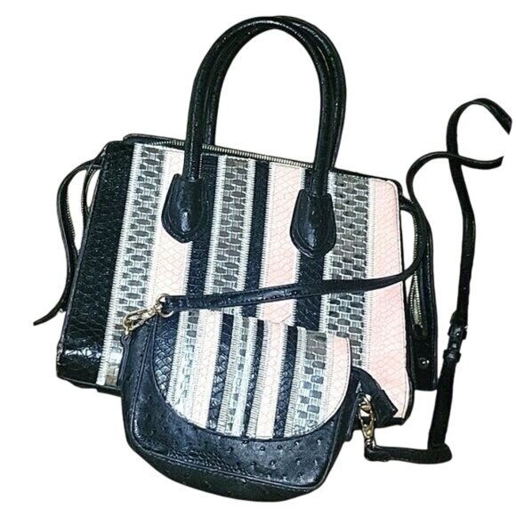 Black & Multicolor Textured Faux Leather Crossbody & Satchel Set With Zipper & M - Picture 1 of 9